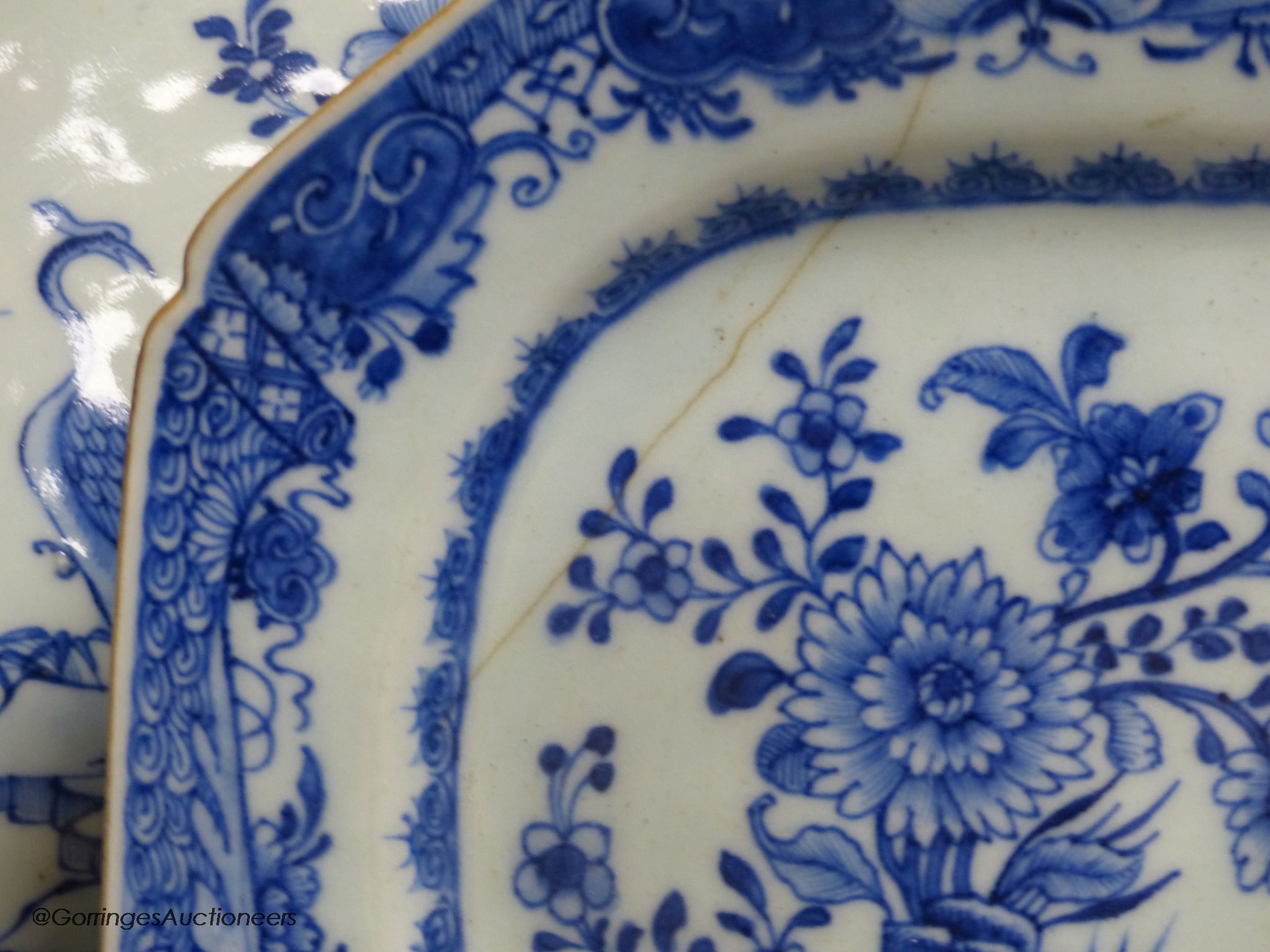 Two 18th century Chinese export blue and white meat dishes, largest 43cm